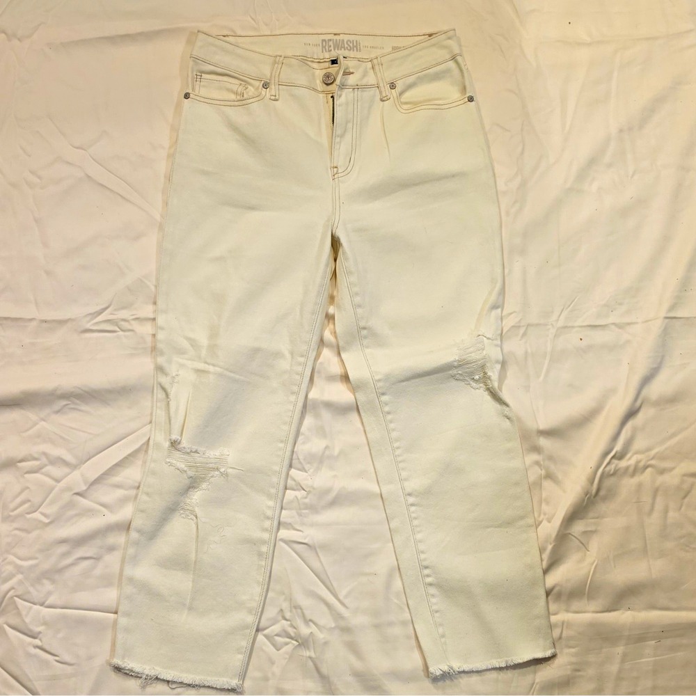 REWASH High Rise White Straight Leg Jeans Distressed Stretch Cotton #111